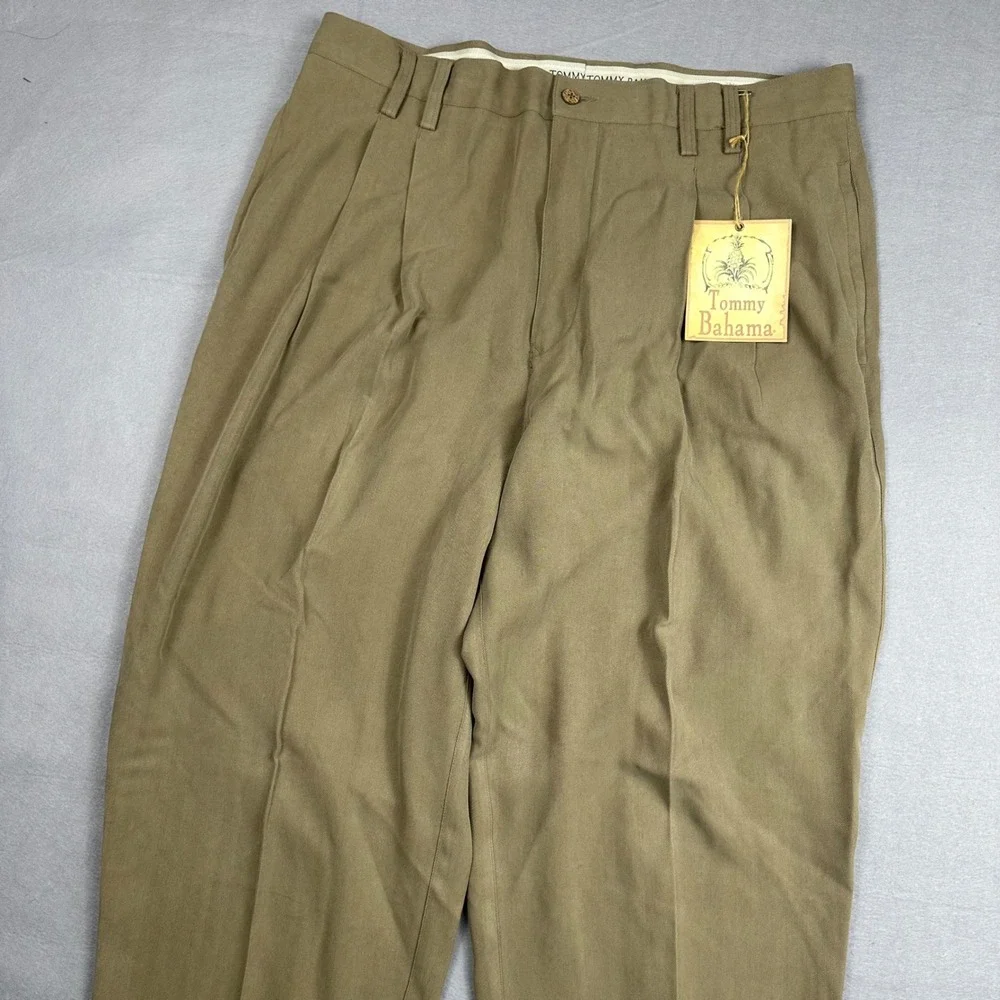 Tommy Bahama Relax The Fishbone Silk Pleated Pants Almond Khaki Herringbone NEW